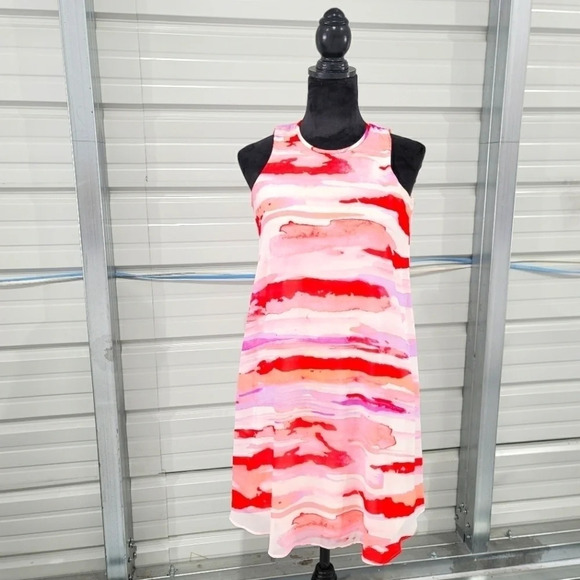 Calvin Klein Shift Dress Size 2 Print Red Pink Purple Lined Sleeveless Keyhole - Picture 1 of 9